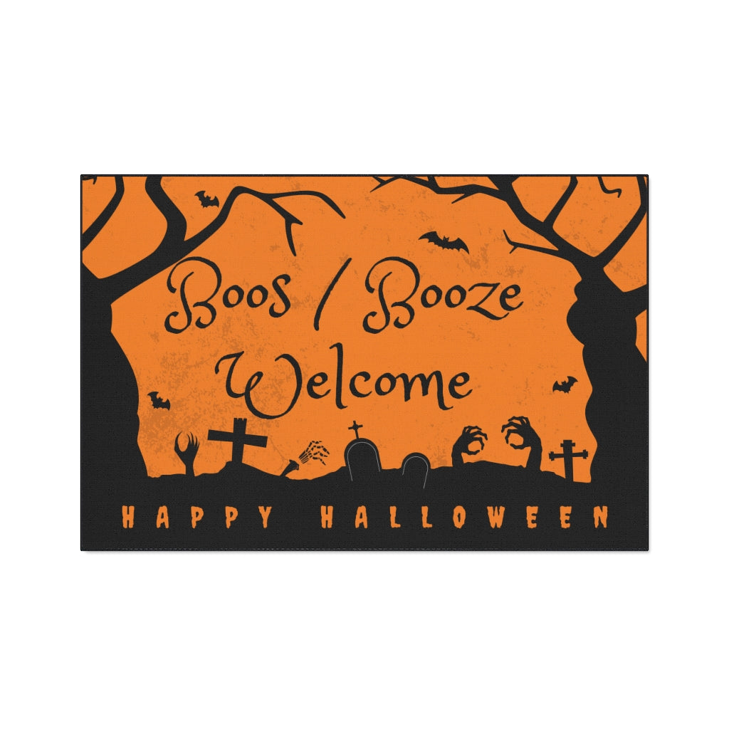 Boos/Booze Welcome Happy Halloween Door Mat - Orange Black Graveyard Scene Floor Mat