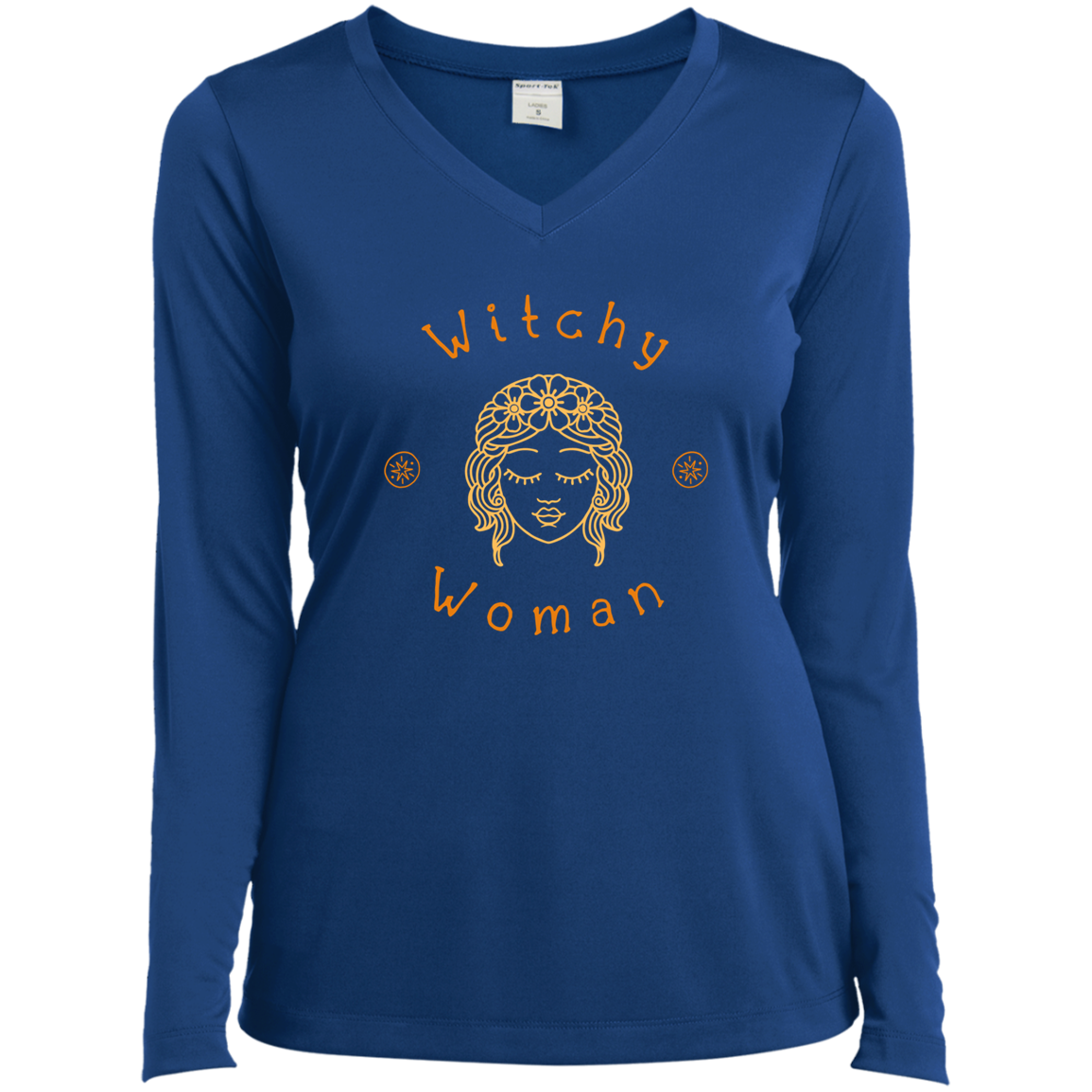 "Witchy Woman" Halloween Spirit Ladies’ Long Sleeve Performance V-Neck Tee