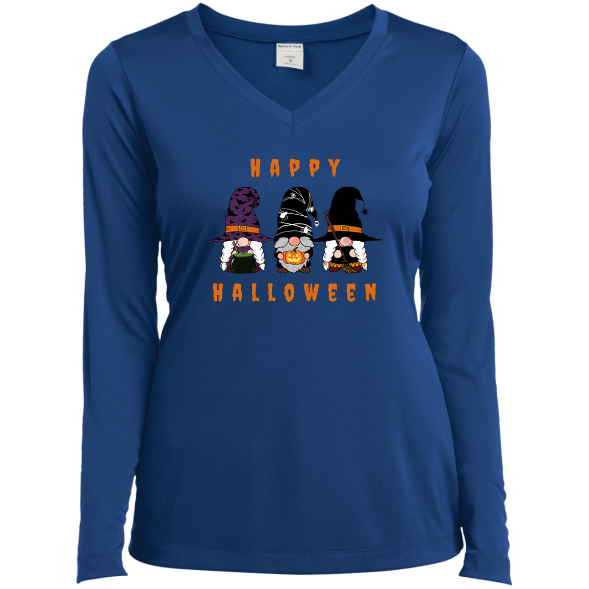 "Happy Halloween" Three Gnomes - Ladies’ Long Sleeve Performance V-Neck Tee