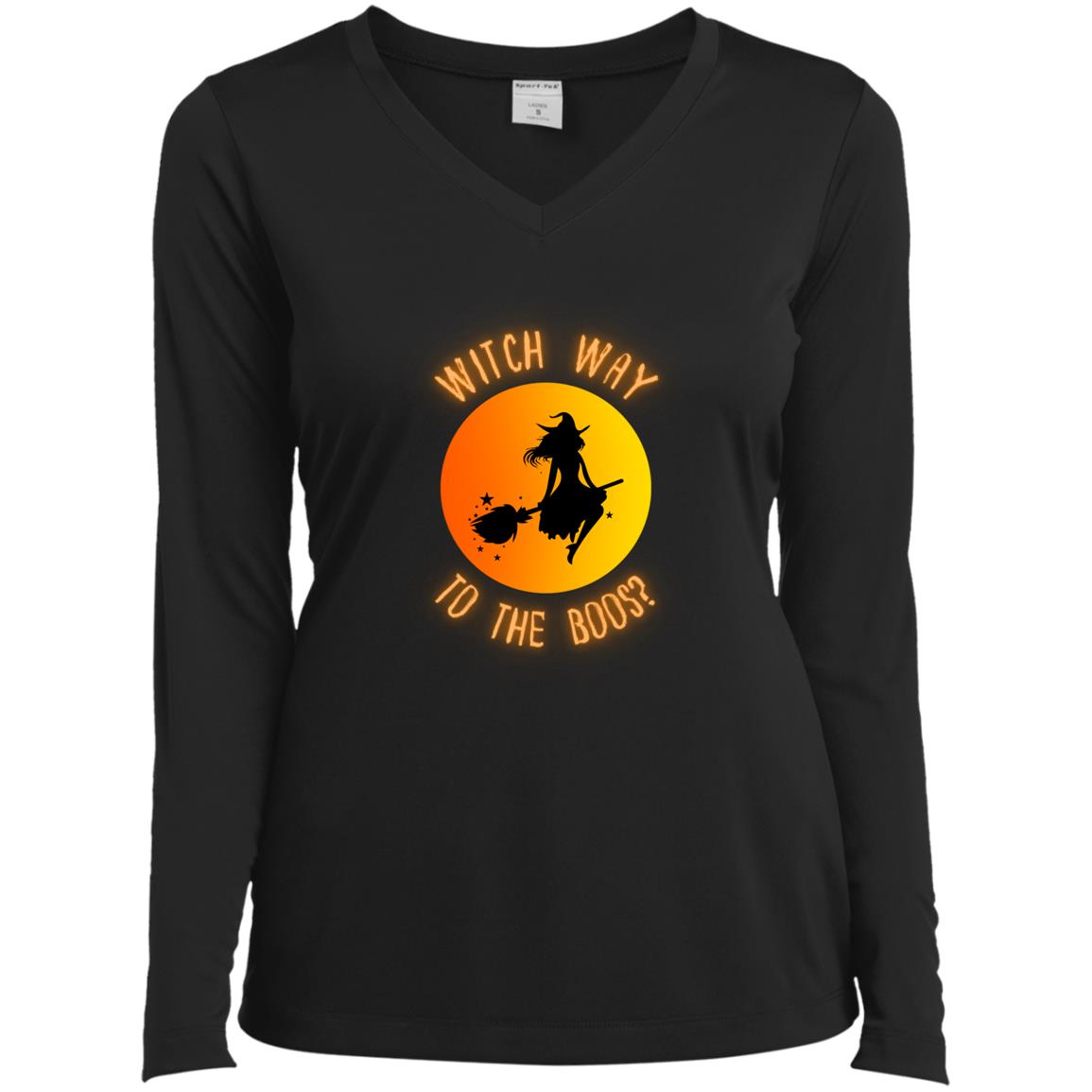 Witch Way to The Boos Witch Way to The Boos? Ladies’ Long Sleeve Performance V-Neck Halloween Tee