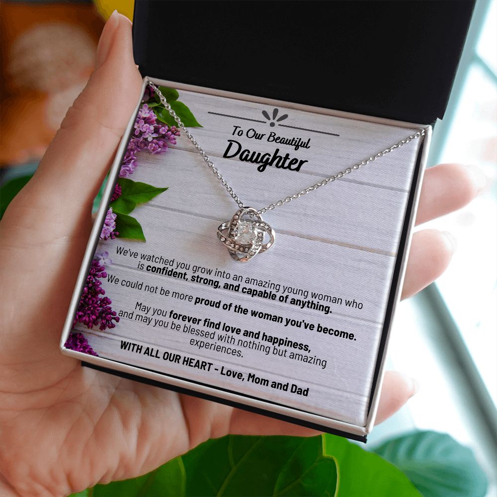 To Our Beautiful Daughter - With All Our Heart Love Mom and Dad - Love Knot Necklace