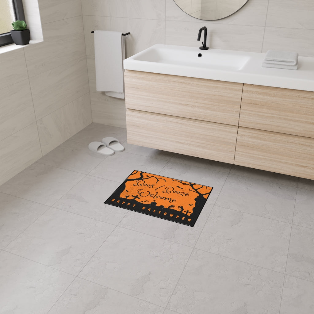 Boos/Booze Welcome Happy Halloween Door Mat - Orange Black Graveyard Scene Floor Mat