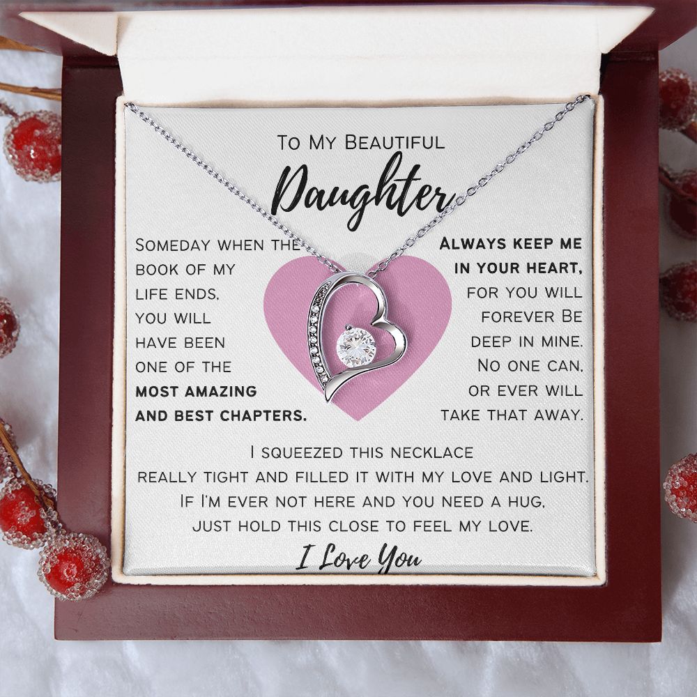 To My Beautiful Daughter - Always Keep Me In Your Heart - Pink Heart - Love Knot Necklace