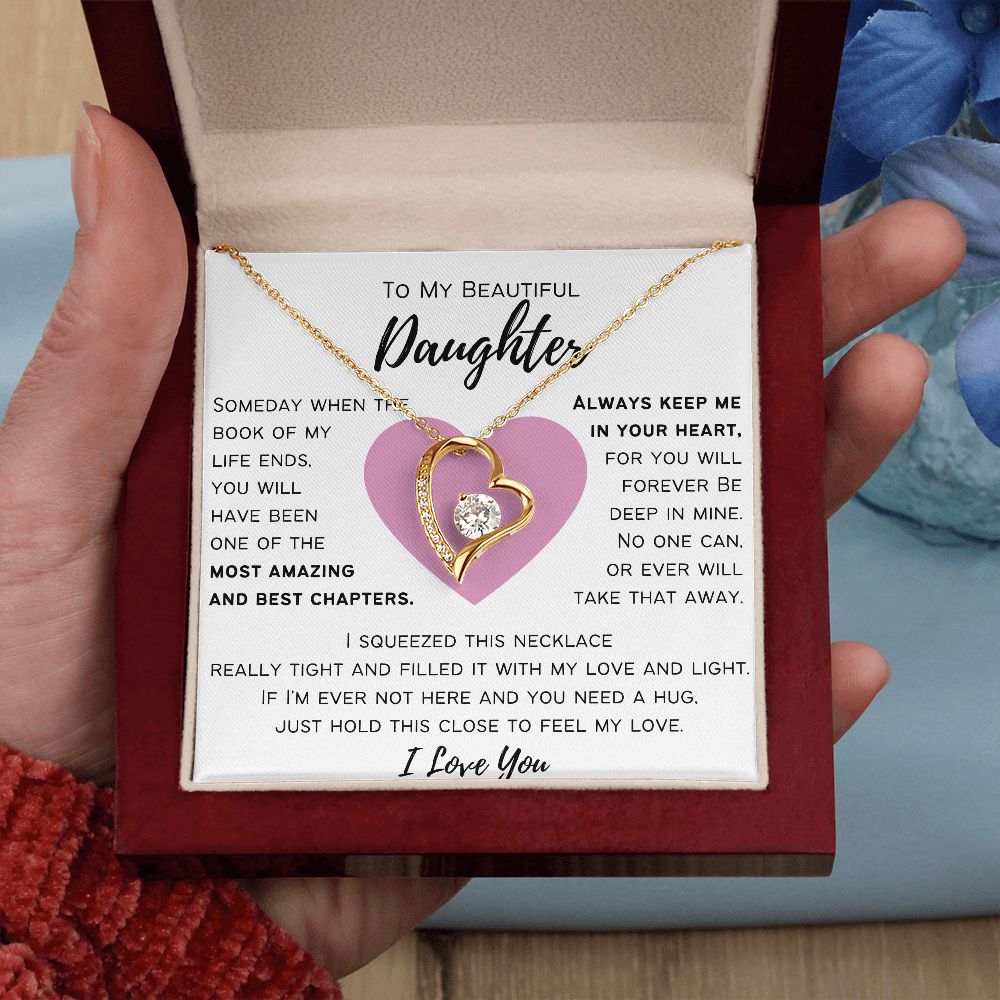 To My Beautiful Daughter - Always Keep Me In Your Heart - Pink Heart - Love Knot Necklace