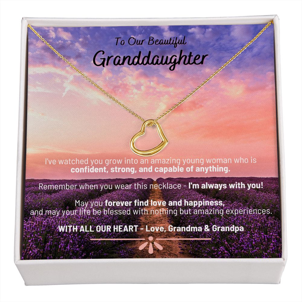 Lavendar Sunset - To Our Beautiful Granddaughter - Love Grandma & Grandpa - Delicate Heart Necklace