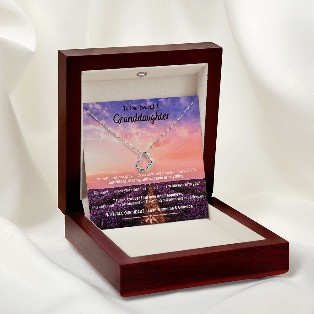Lavendar Sunset - To Our Beautiful Granddaughter - Love Grandma & Grandpa - Delicate Heart Necklace
